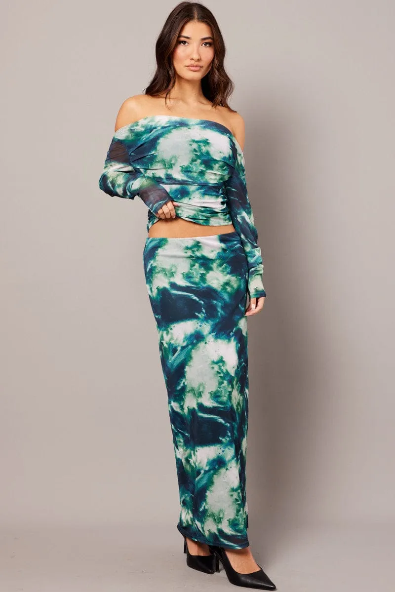 Green Abstract Midi Skirt High Rise Mesh sold by Ally Fashion product image thumbnail 2