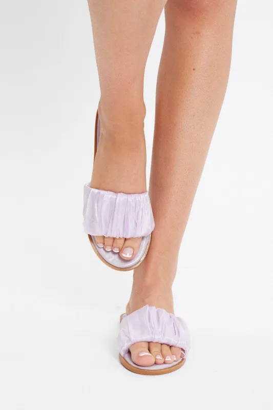 Purple Ruched Detail Flat Sliders sold by Ally Fashion