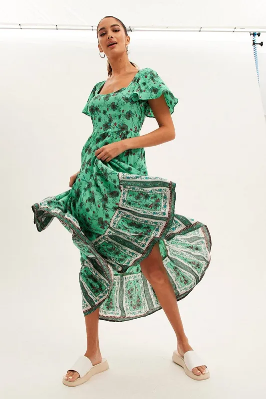 Green Boho Maxi Dress Square Neck Short Sleeve sold by Ally Fashion