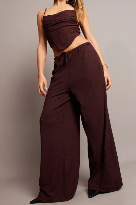 Brown Wide Leg Pants High Rise Textured Fabric sold by Ally Fashion
