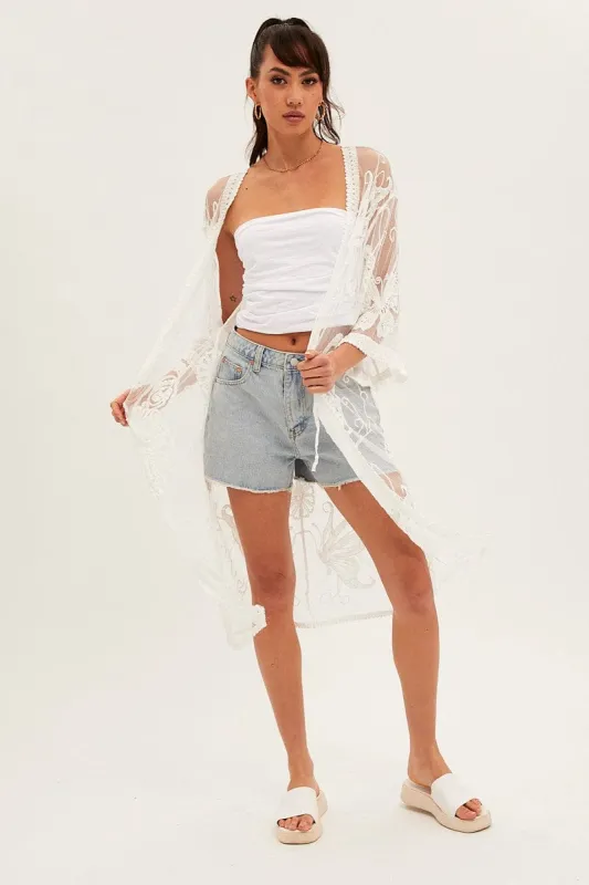 White Tie Front Embroidered Kimono sold by Ally Fashion