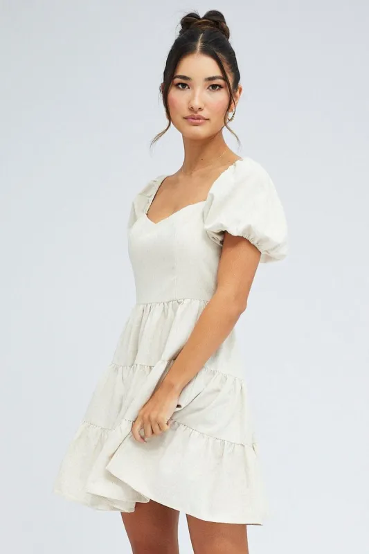 Beige Fit And Flare Dress Puff Sleeve Mini sold by Ally Fashion