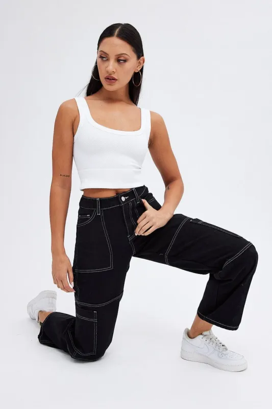 Black Cargo Jeans High Rise Straight Leg Utility sold by Ally Fashion