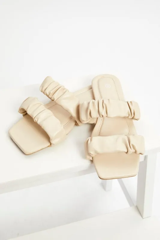 Beige Ruched Faux Leather Flat Slides sold by Ally Fashion