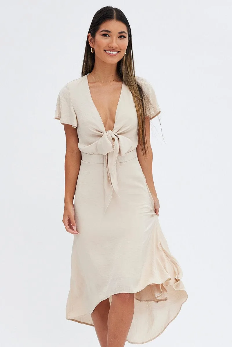 Beige Midi Dress Short Sleeve Tie Back Satin sold by Ally Fashion product image thumbnail 2