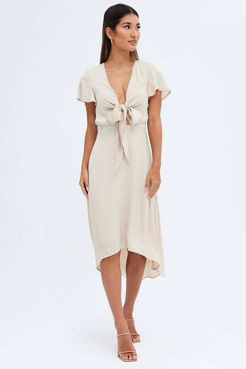Beige Midi Dress Short Sleeve Tie Back Satin sold by Ally Fashion product image thumbnail 3