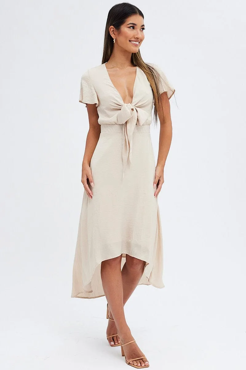 Beige Midi Dress Short Sleeve Tie Back Satin sold by Ally Fashion