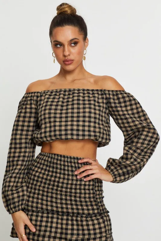 Check Top Long Sleeve Crop Off Shoulder sold by Ally Fashion