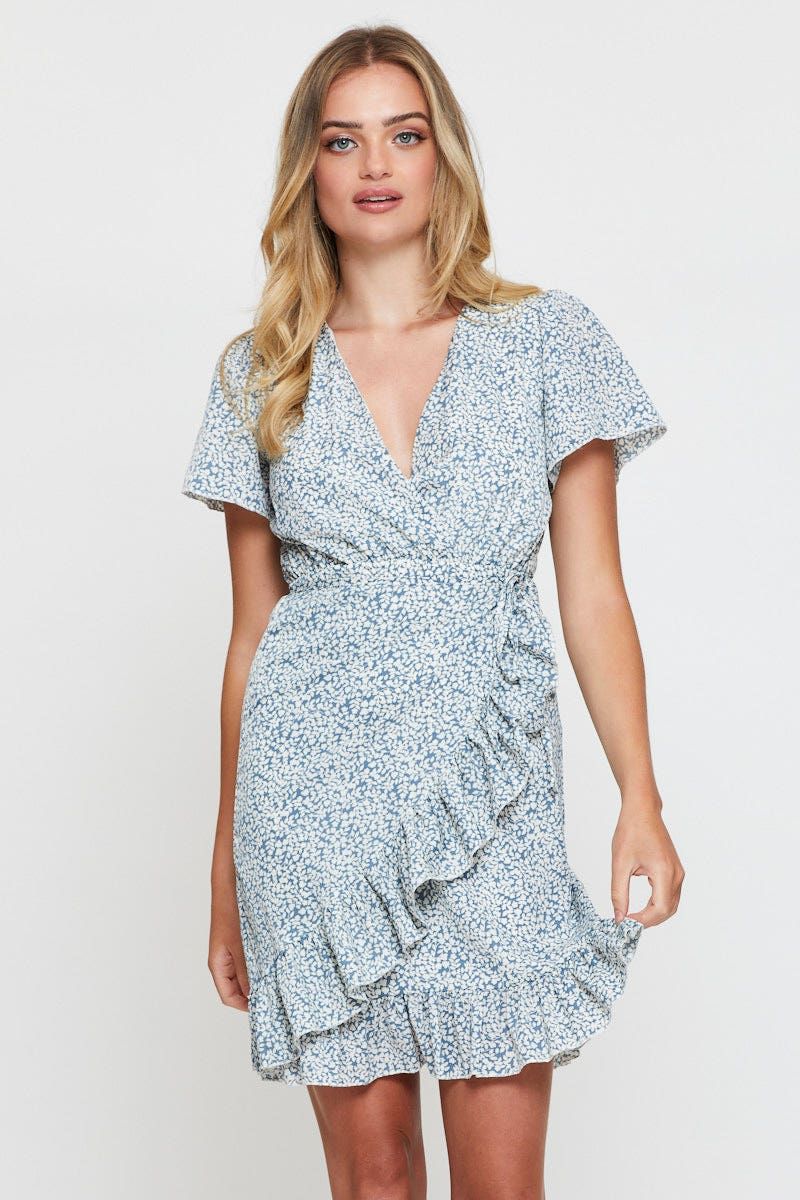 Print Wrap Dress Short Sleeve V Neck sold by Ally Fashion