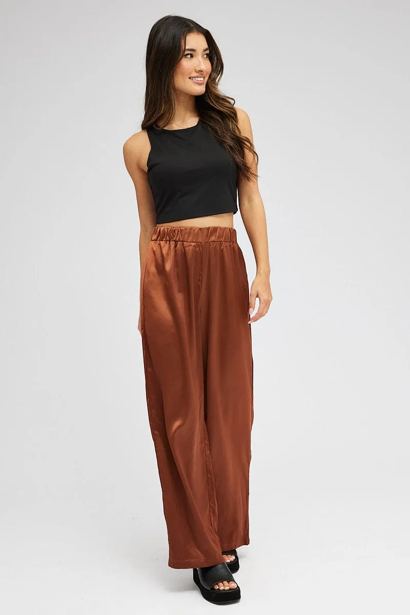 Brown Wide Leg Pants High Rise Satin sold by Ally Fashion product image thumbnail 3