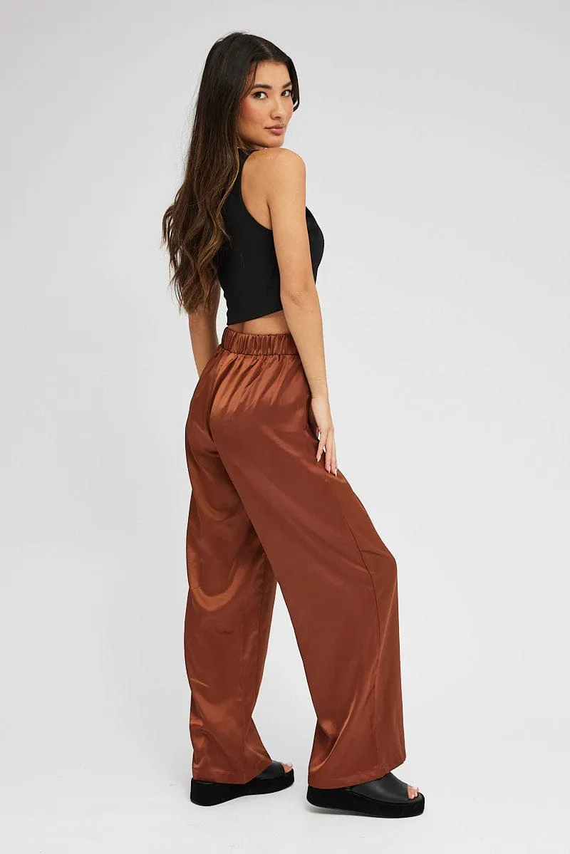 Brown Wide Leg Pants High Rise Satin sold by Ally Fashion product image thumbnail 4