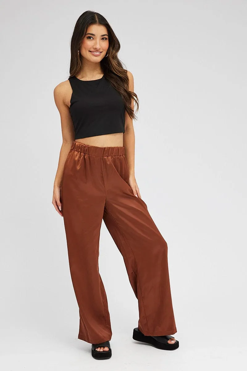 Brown Wide Leg Pants High Rise Satin sold by Ally Fashion