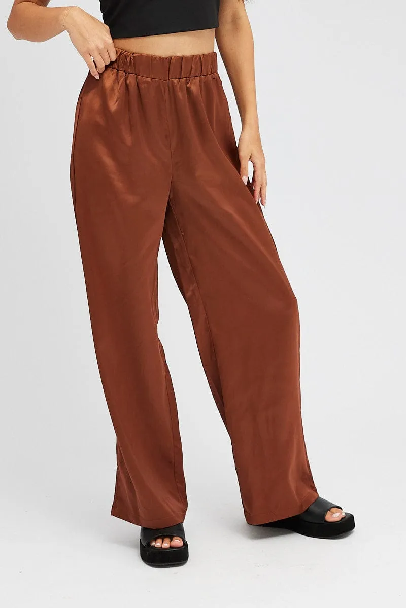 Brown Wide Leg Pants High Rise Satin sold by Ally Fashion product image thumbnail 2