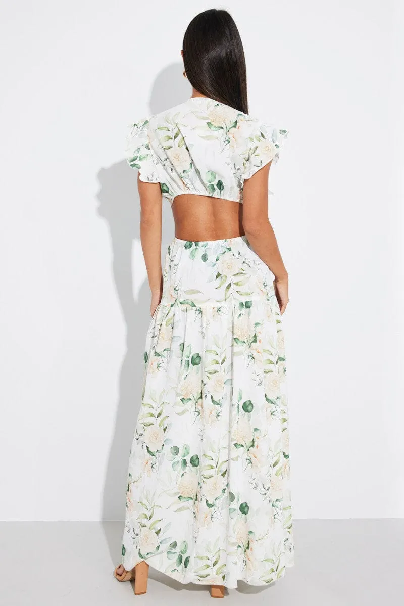 White Floral Butterfly Sleeve Maxi Dress With Raffia Buckle sold by Ally Fashion product image thumbnail 5