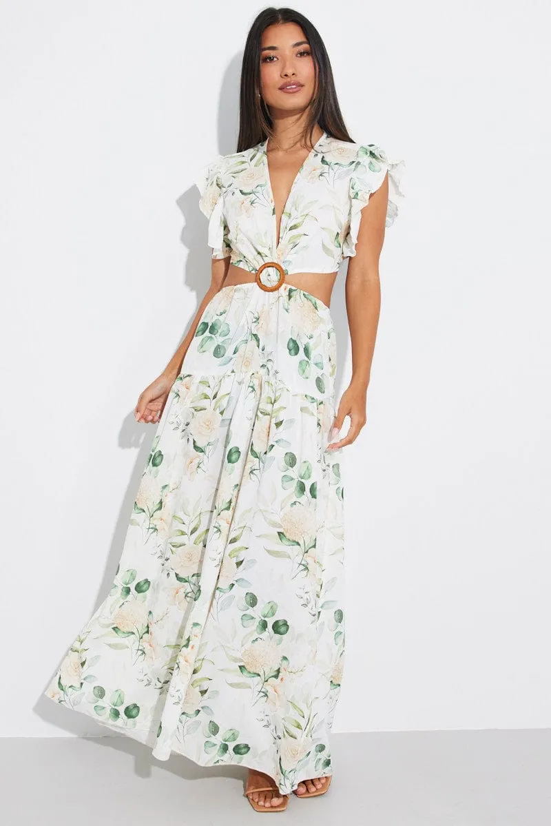 White Floral Butterfly Sleeve Maxi Dress With Raffia Buckle sold by Ally Fashion product image thumbnail 2