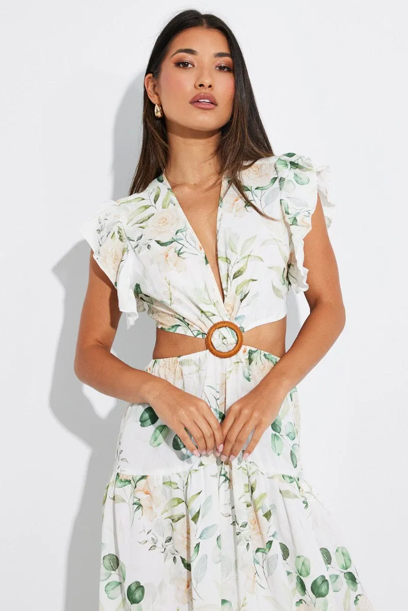 White Floral Butterfly Sleeve Maxi Dress With Raffia Buckle sold by Ally Fashion product image thumbnail 3