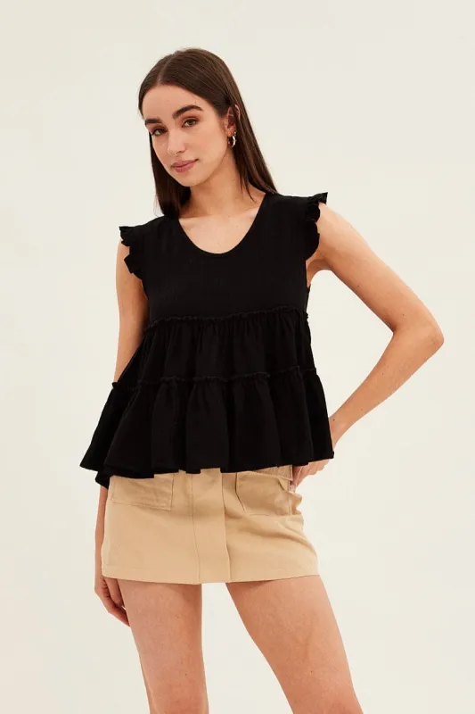 Black Ruffle Tiered Top sold by Ally Fashion