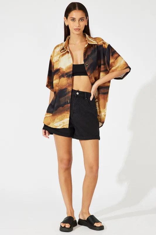 Brown Abstract Satin Shirt Short Sleeve sold by Ally Fashion