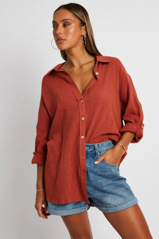 Brown Shirt Long Sleeve Cotton sold by Ally Fashion