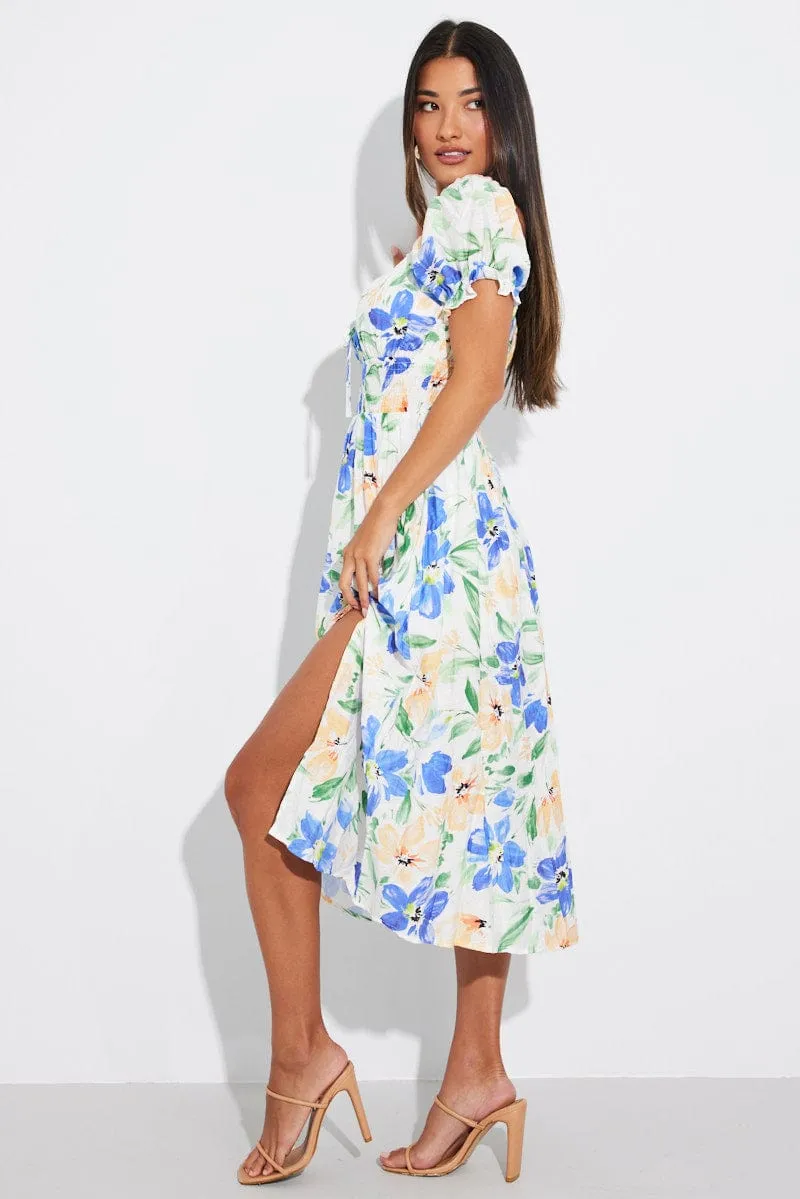 White Floral Midi Dress Short Sleeve Ruched Bust sold by Ally Fashion product image thumbnail 4