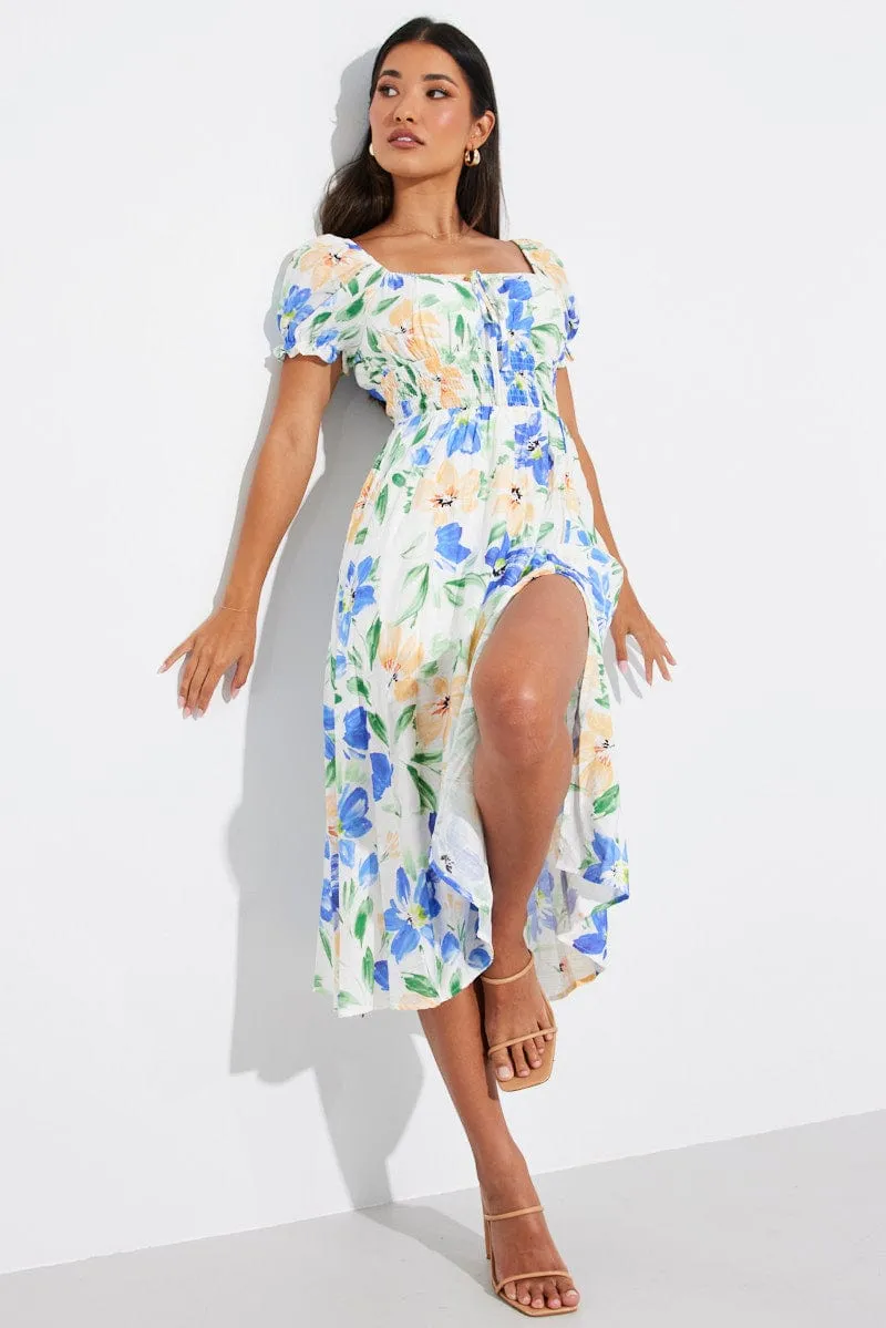 White Floral Midi Dress Short Sleeve Ruched Bust sold by Ally Fashion