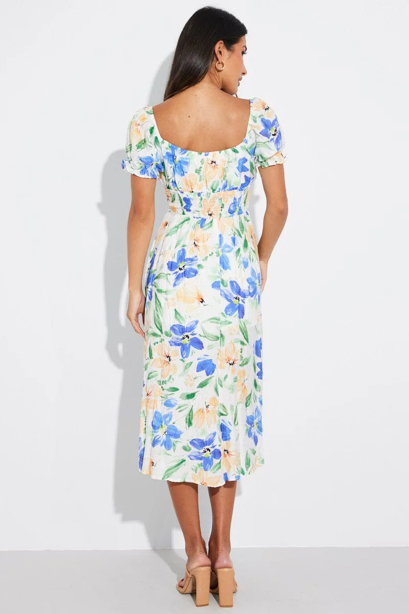 White Floral Midi Dress Short Sleeve Ruched Bust sold by Ally Fashion product image thumbnail 5