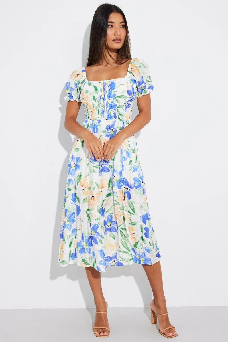 White Floral Midi Dress Short Sleeve Ruched Bust sold by Ally Fashion product image thumbnail 2