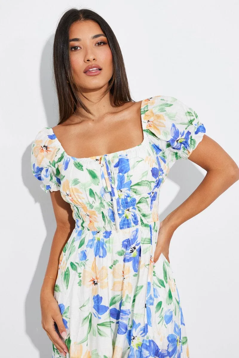 White Floral Midi Dress Short Sleeve Ruched Bust sold by Ally Fashion product image thumbnail 3