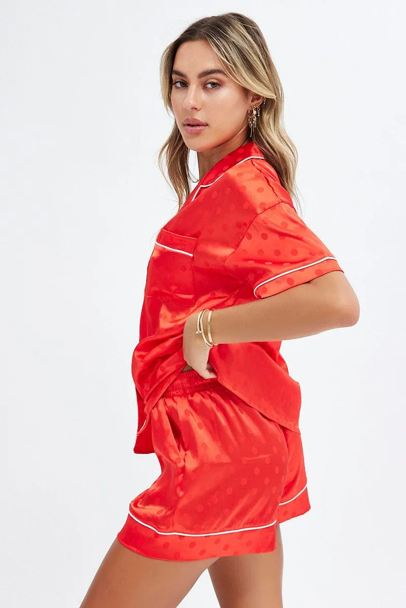 Red Polka Dot Satin PJ Polka Dot Contrast Piping Pyjama Set sold by Ally Fashion product image thumbnail 4