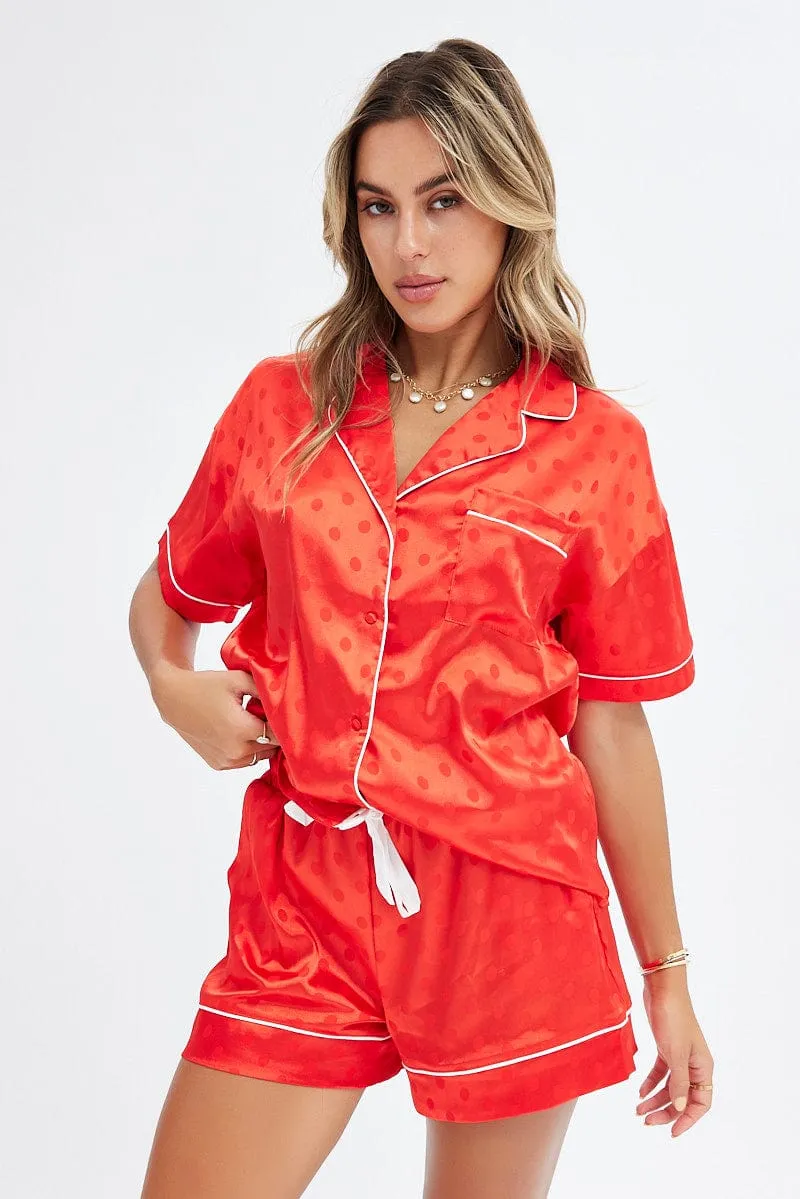 Red Polka Dot Satin PJ Polka Dot Contrast Piping Pyjama Set sold by Ally Fashion product image thumbnail 3