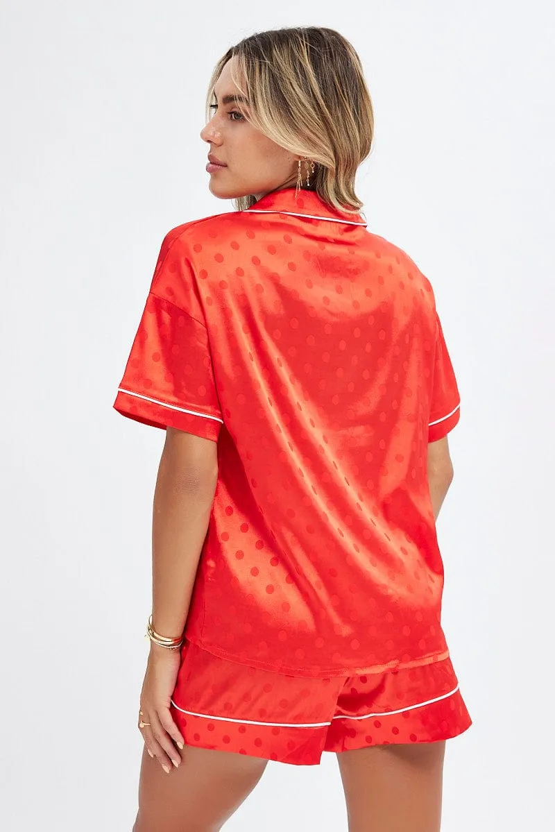 Red Polka Dot Satin PJ Polka Dot Contrast Piping Pyjama Set sold by Ally Fashion product image thumbnail 5