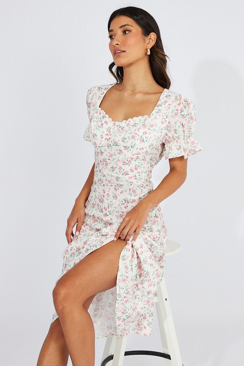 White Floral Midi Dress Puff Sleeve sold by Ally Fashion