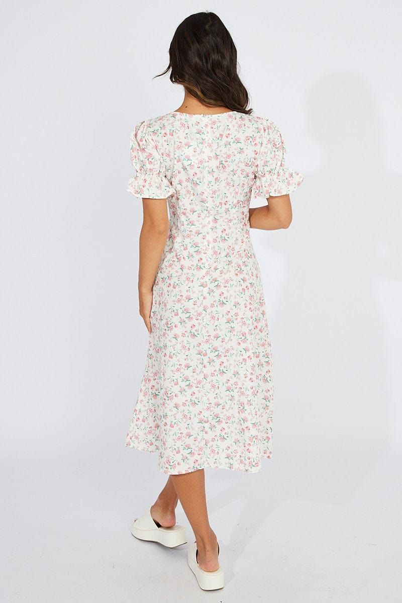 White Floral Midi Dress Puff Sleeve sold by Ally Fashion product image thumbnail 5