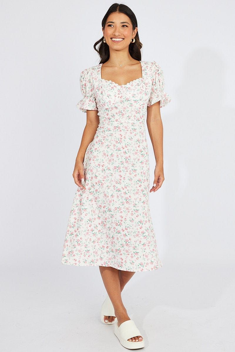 White Floral Midi Dress Puff Sleeve sold by Ally Fashion product image thumbnail 2