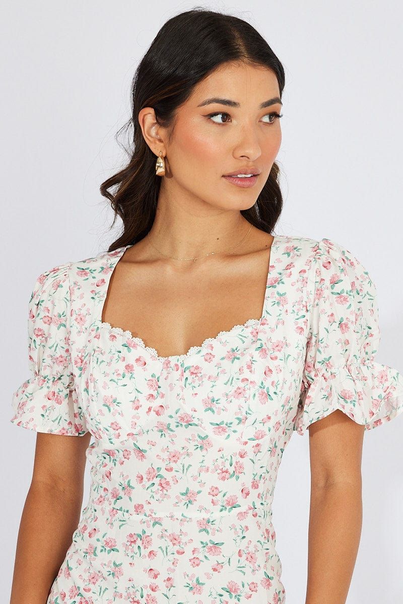 White Floral Midi Dress Puff Sleeve sold by Ally Fashion product image thumbnail 3