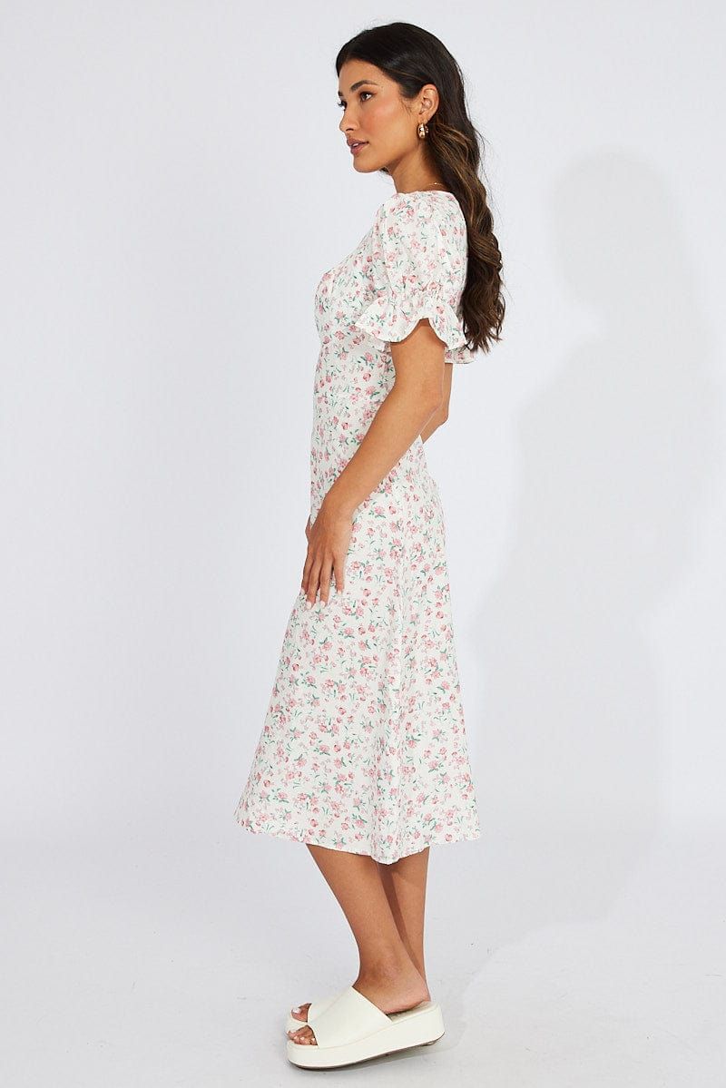 White Floral Midi Dress Puff Sleeve sold by Ally Fashion product image thumbnail 4