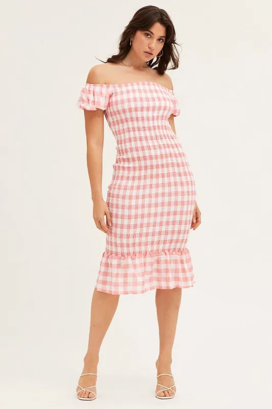 Check Shirred Midi Dress sold by Ally Fashion