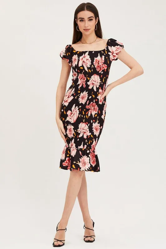 Print Shirred Midi Dress sold by Ally Fashion