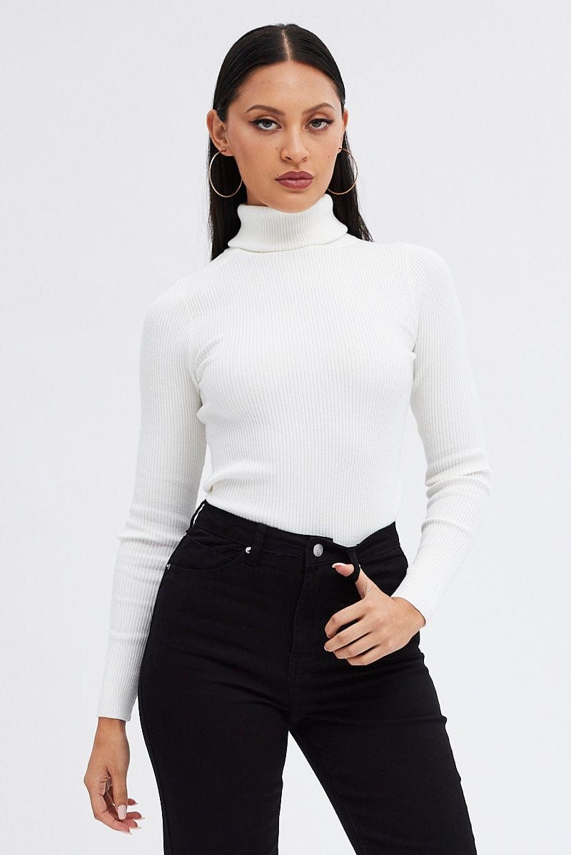 White Knit Top High Neck Long Sleeve sold by Ally Fashion product image thumbnail 3