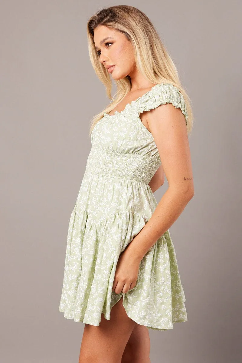 Green Ditsy Fit And Flare Dress Puff Sleeve sold by Ally Fashion product image thumbnail 4