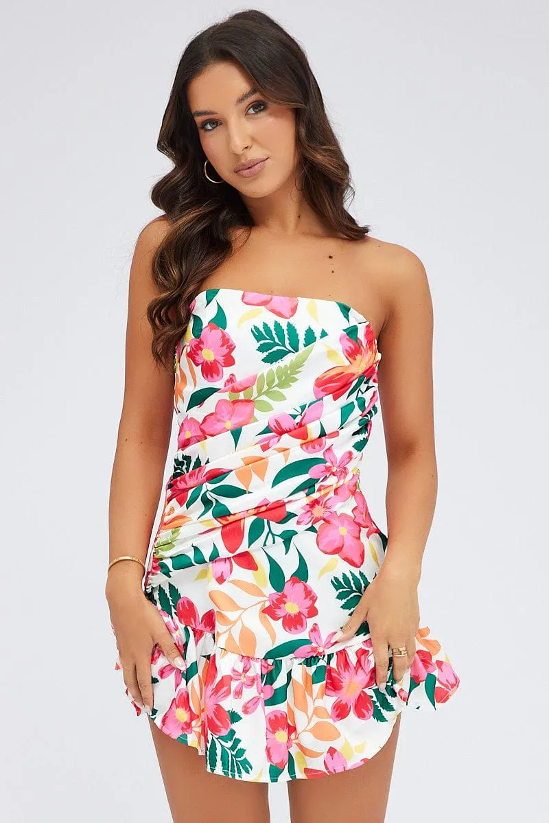 Multi Floral Ruched Dress Strapless Bandeau Ruffle Mini sold by Ally Fashion product image thumbnail 3