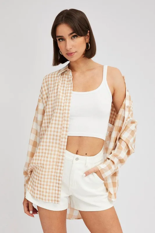 Beige Check Shirt Long Sleeve Collared Neck sold by Ally Fashion