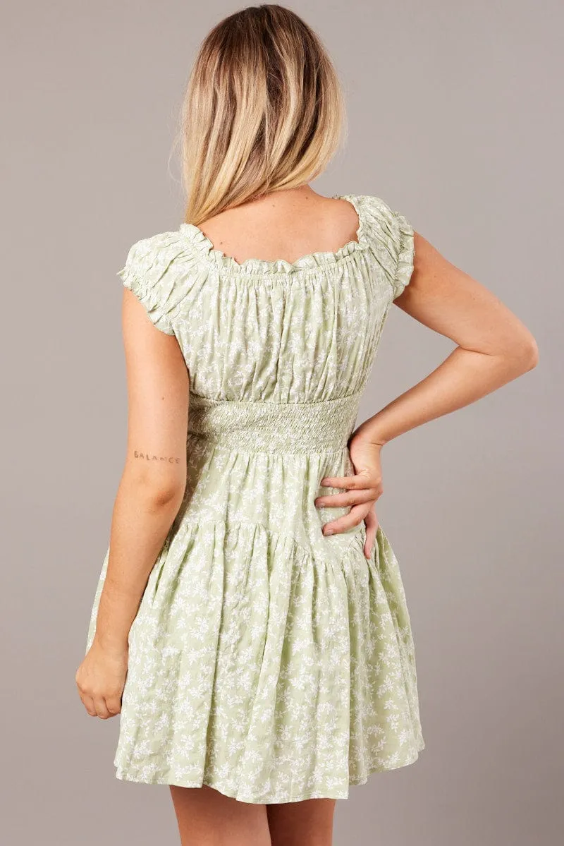 Green Ditsy Fit And Flare Dress Puff Sleeve sold by Ally Fashion product image thumbnail 5