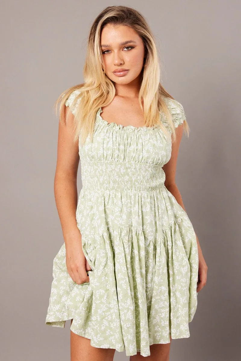 Green Ditsy Fit And Flare Dress Puff Sleeve sold by Ally Fashion product image thumbnail 3