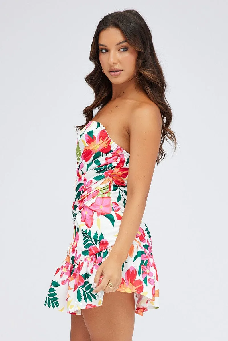 Multi Floral Ruched Dress Strapless Bandeau Ruffle Mini sold by Ally Fashion product image thumbnail 4
