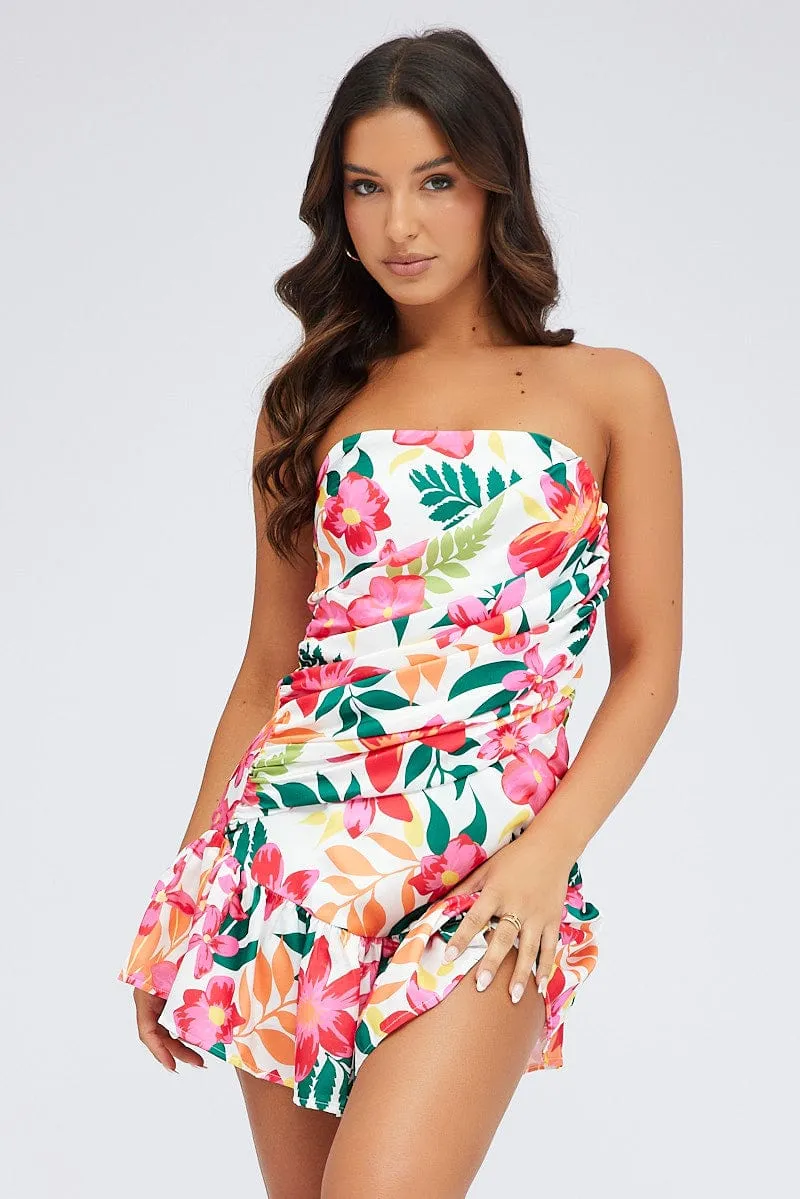 Multi Floral Ruched Dress Strapless Bandeau Ruffle Mini sold by Ally Fashion