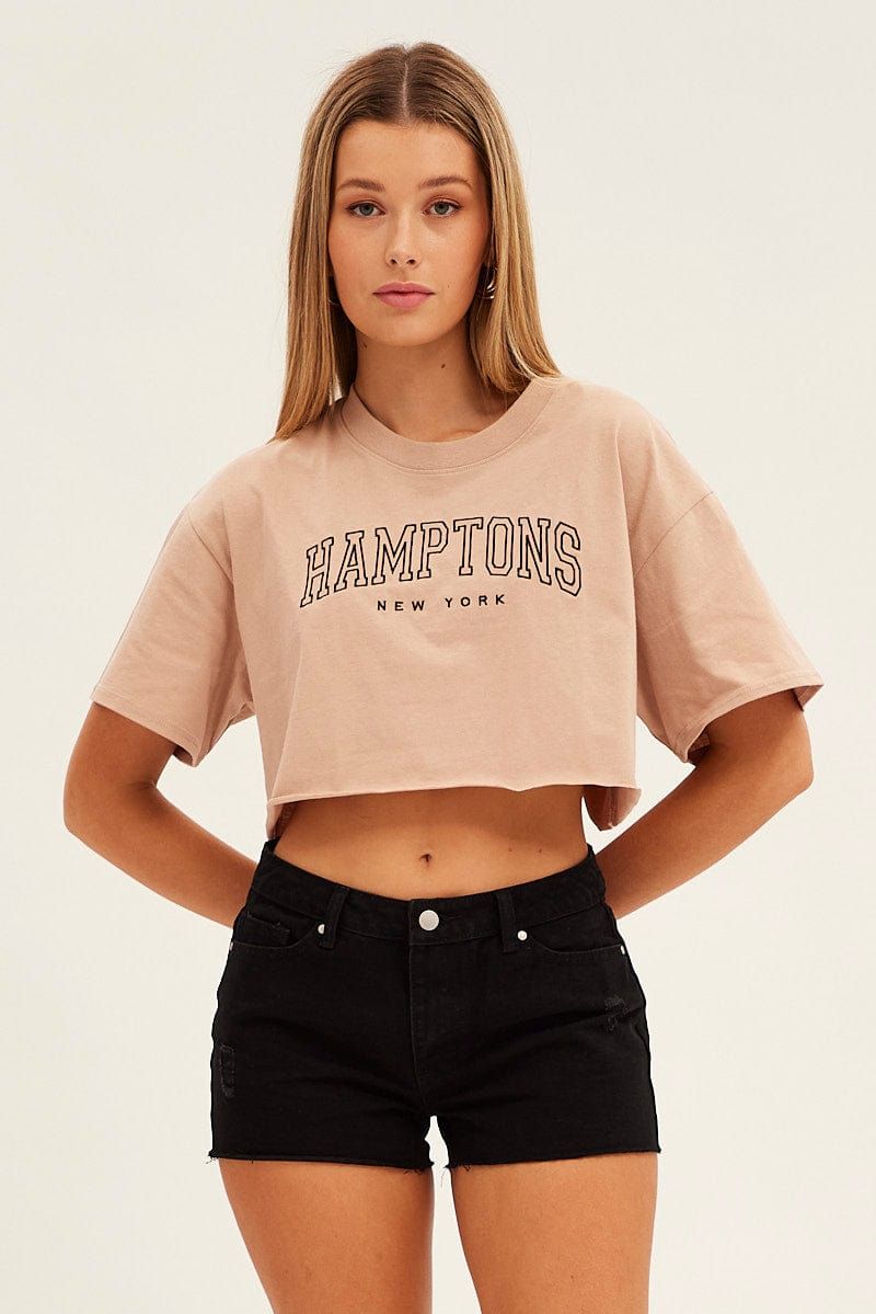 Beige Crop T Shirt Short Sleeve Crew Neck Hamptons sold by Ally Fashion product image thumbnail 2
