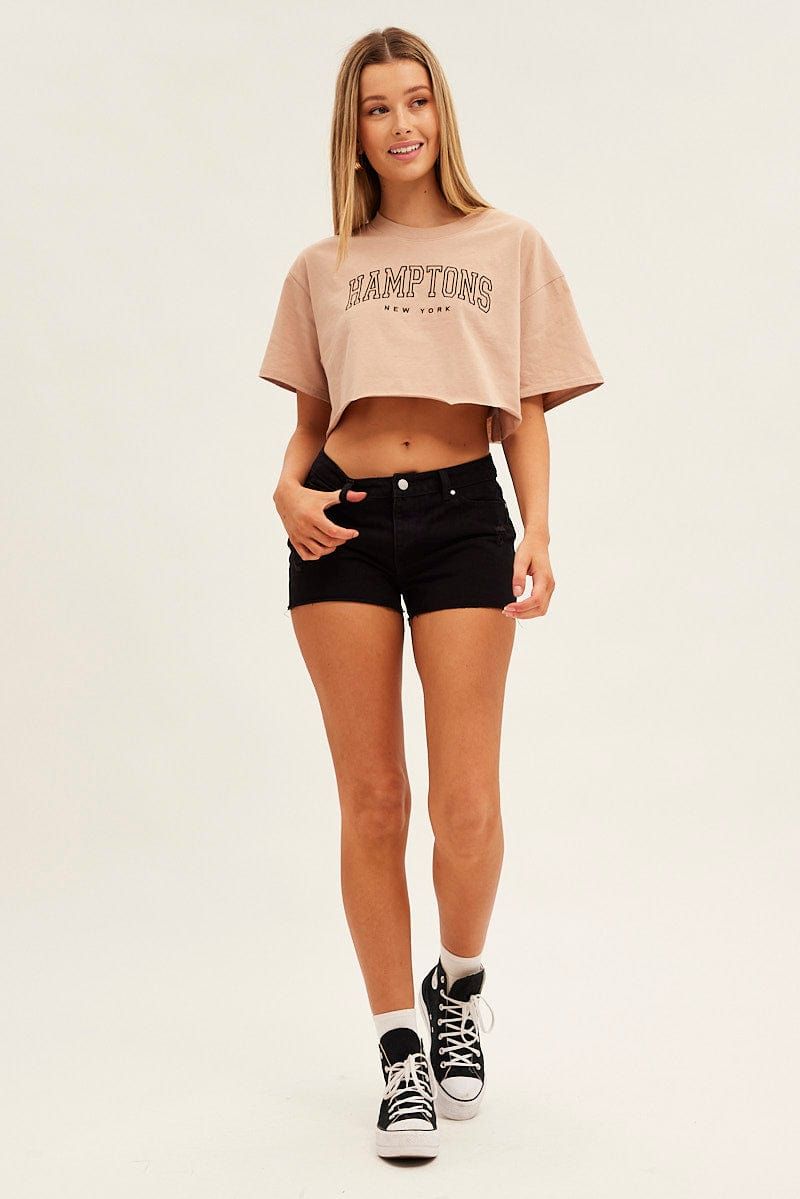 Beige Crop T Shirt Short Sleeve Crew Neck Hamptons sold by Ally Fashion product image thumbnail 3