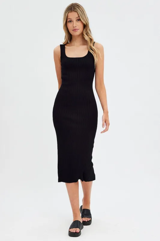 Black Knit Midi Dress Sleeveless Scoop Neck Bodycon Rib sold by Ally Fashion