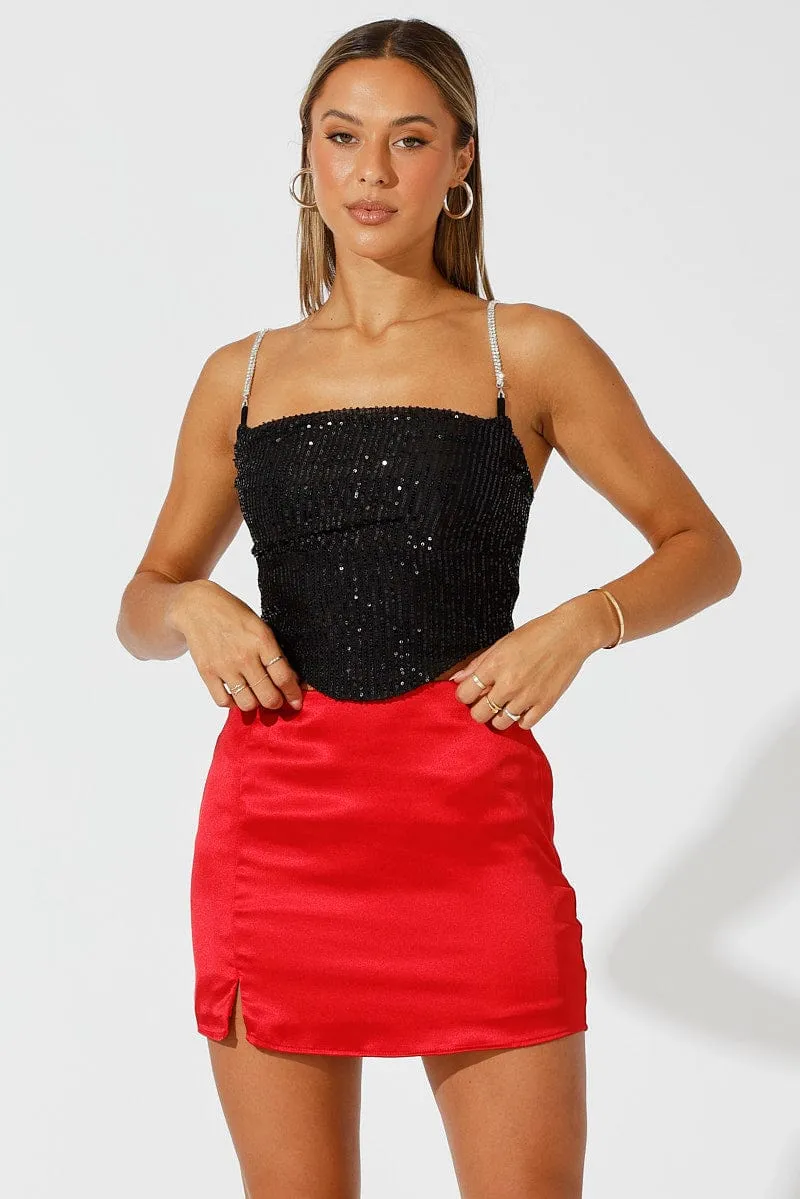 Red Mini Skirt High Rise Satin sold by Ally Fashion